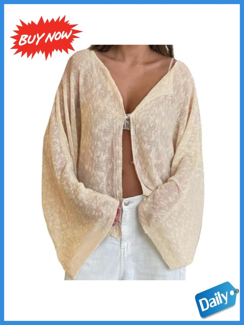 Loose Knitted Cardigan Boat Neck Long Sleeve Hook Eye Cover Up Tops